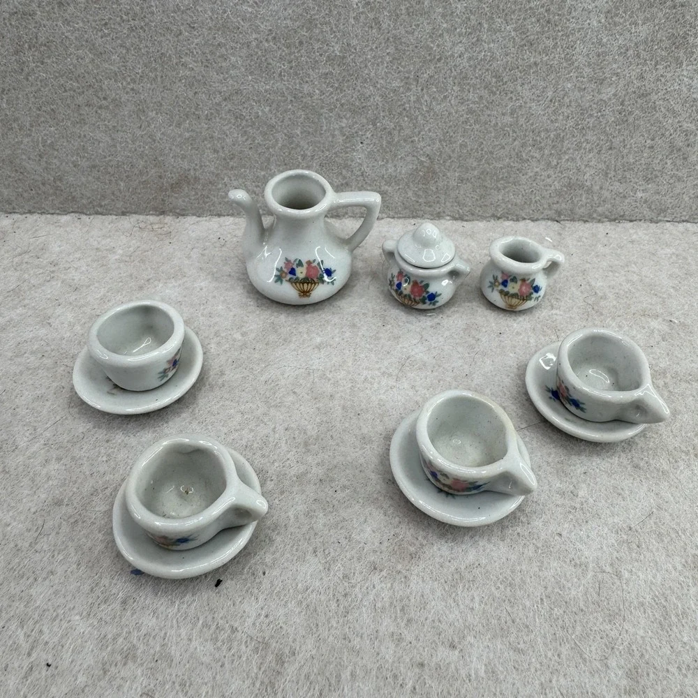 Miniature Porcelain Tea‎ & Coffee Set White Victorian Floral Girls Child Playset